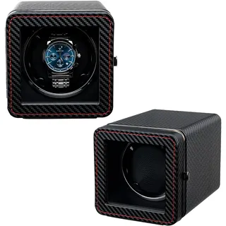 Mcbazel Automatischer Uhrenbeweger mit LED-Beleuchtung – Elegante Uhrenbox aus PU-Leder für Uhr, Leiser Motor, 4 Rotationsmodi, Rechteckige Uhrenaufbewahrung – Kohlefaser