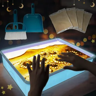 HILKKET Sandmalerei Lichtkasten für Kinder, Dynamische Sandbild, Sandbilder Zum Lichtkasten, Bewegende Sandkunst mit 4 Pack Sand, Fließende Sandmalerei Geschenke Sand Sensory Spielzeug(Blau)