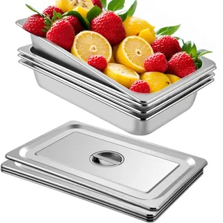 Vevor Edelstahl Behälter 4 Stück, Speisebehälter Essens Behälter mit Deckel, Antihaft Teller, 53,7 x 33 x 9,5 cm, kommerzieller Warmhaltebehälter für Speisen, Torten, Aufläufe, Hotelpfanne Tisch Food