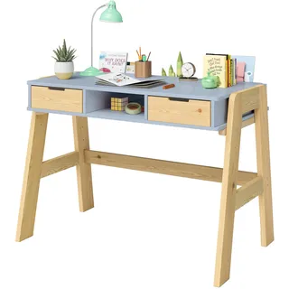 Bellabino Campo Kinderschreibtisch höhenverstellbar 56-75 cm – Schreibtisch Kinder ab 6 Jahren mit 2 Schubladen – Schülerschreibtisch mit viel Stauraum aus Massivholz Kiefer in Blau