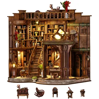 DIY Book Nook Kit für Erwachsene, 3-stöckiges Miniaturhaus Holz mit LED Licht, Retro Studierzimmer 3D Puzzle schwer (Level 5), Bücherregal Deko Booknook Bausatz Geschenk Idee(Zauberhafte Bücherhalle)