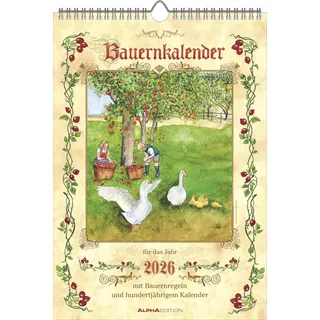 Neumann Bauernkalender 2026 - Bildkalender 23,7x34 cm - mit Wetterprognosen, Bauernregeln und liebevollen Illustrationen - Wandkalender - Alpha Edition