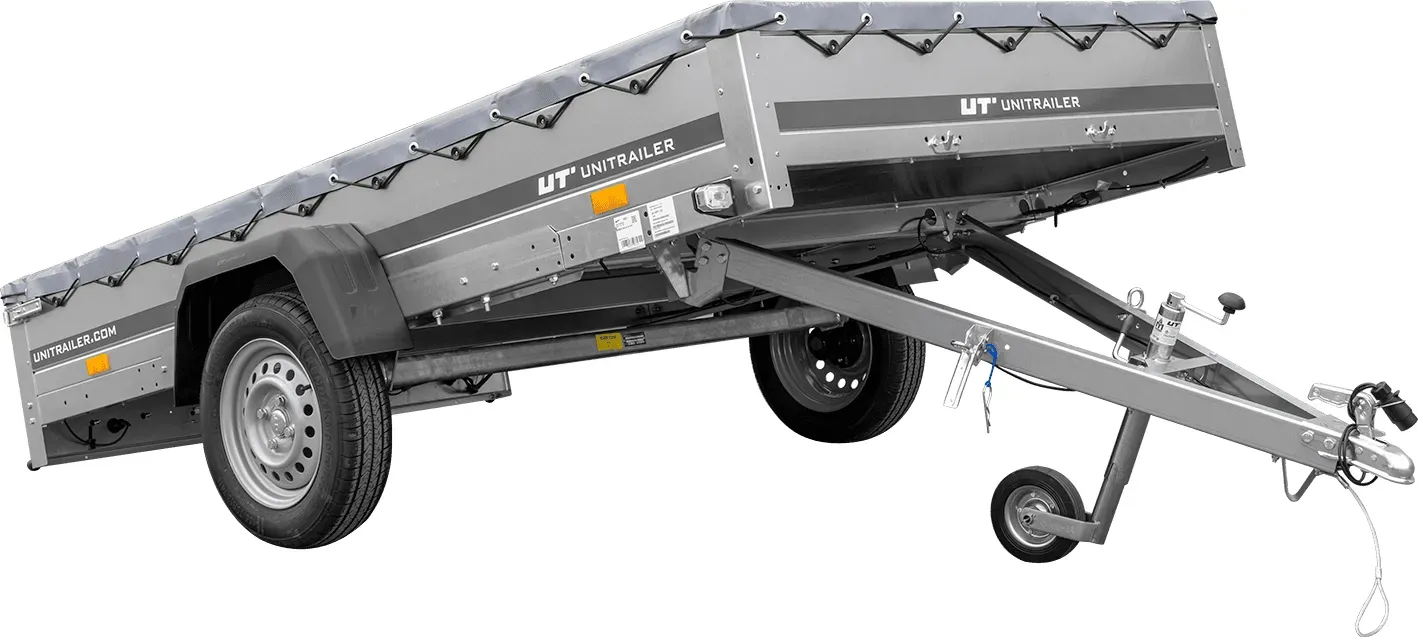 PKW Anhänger 264x150 UNITRAILER GARDEN 265 KIPP mit Flachplanenträger und grauer Plane