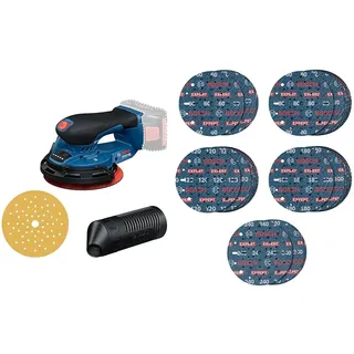 Bosch Professional 18V System Akku-Schleifer GEX 18V-150-3 (inkl. 1x Schleifpapier, 1x Staubbox, 1x Schutzring) + Bosch 55x EXPERT O780 Folienschleifscheiben-Set, 150 mm, 55‐tlg