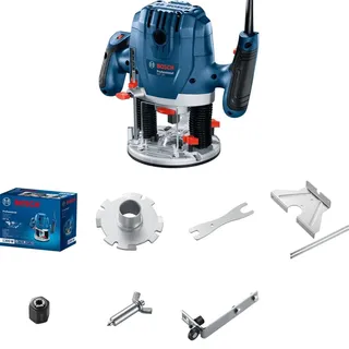 Bosch Professional: Oberfräsmaschine GOF 130 (Parallelführung, Kopierbolzen, Staubabsaugadapter, Zentrierstift, Führungsrolle, 2 Befestigungsklemmen)