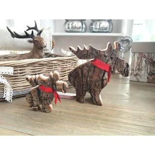 Natur Deko Tier Figur 2er Set RINDEN-ELCHE Holz Elch Landhaus Herbst Winter