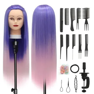 Trainingsköpfe, 28 inch Übungskopf Frisierkopf Friseur 100% Synthetikfaser-Haar Styling Kopf Frisierkopf für Frisöre mit kostenloser Klemme und DIY Flechtset (Blau Rosa)