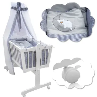 Oskar Wiege weiß inkl. Komplettset Mondbär blau/grau