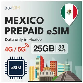 travSIM Mexico eSIM | 25GB Mobile Daten | unbegrenzter Internetzugang für Google, Facebook, Whatsapp, Instagram und mehr | Der Plan auf Dieser SIM-Karte für Mexiko ist 30 Tage lang gültig.