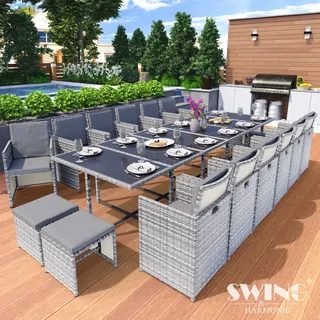 Swing&Harmonie Poly Rattan Sitzgruppe Esstisch Lounge Gartenmöbel Sitzgarnitur Set + 12x Stühle + 4x Hocker - grau