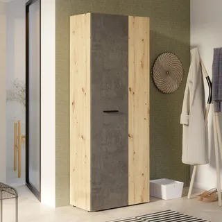Forte NET106 Schrank 70 180, Mehrzweckschrank, Staubsaugerschrank, Abstellraum, Drehtürenschrank, 2-türig mit Einlegeböden, Beton-/Holzdekor Artisaneiche, 68,7 cm breit x 181,1 cm hoch x 36,5 cm tief