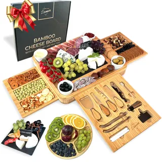 Bambus Käsebrett und Messer-Set Keramik-Schalen Weinöffner – 100% Bio-Holz Serviertablett Charcuterie Board perfekte Wahl für Gourmets, Frauen und Mütter, Extra Groß