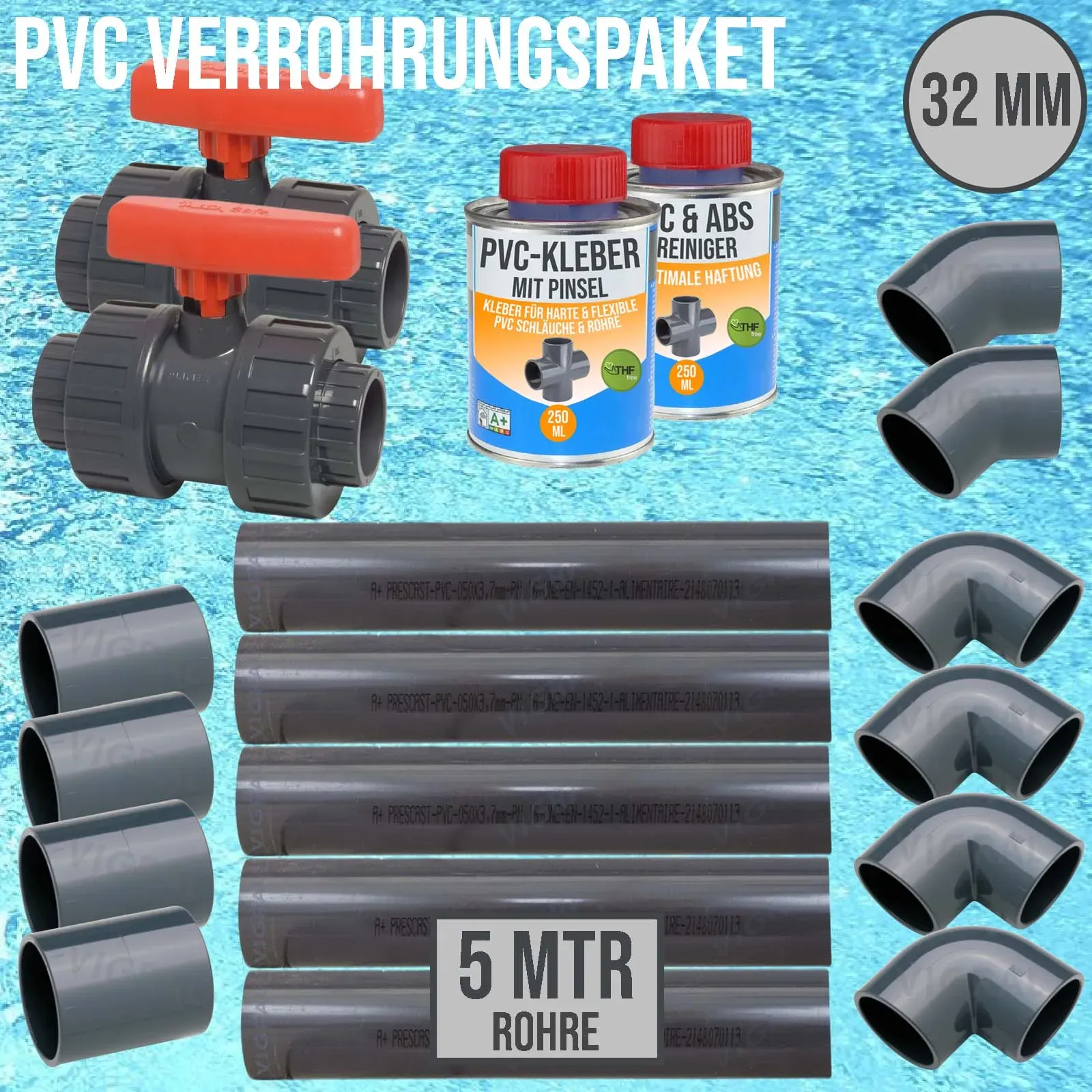 32 mm PVC Klebe Fittings Verrohrungspaket Pool Schwimmbad Schlauch Rohr FEST - 5...