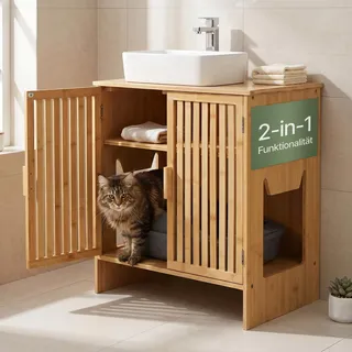 WOOWOOD Katzenklo Waschbeckenunterschrank aus Bambus - Extrem Feuchteresistent - Katzenklo Schrank - Badezimmer Unterschrank - Katzenschrank, Katzentoilette Schrank, Katzenmöbel, 60×44×60 cm