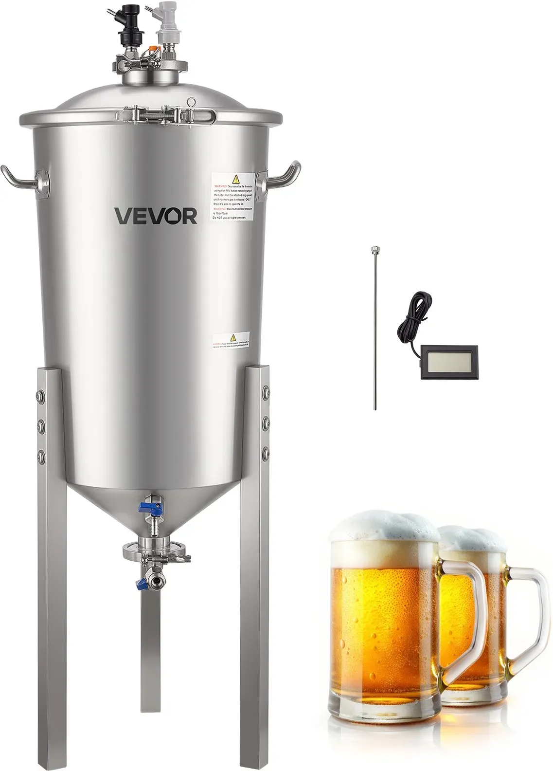 VEVOR konischer Gärbehälter Edelstahl 30 L Gärtank für Heimbrauen, Gärkessel mit konischem Boden & Verlängerungsbeinen & Deckel & Griff & Thermometer, Gärfass für Wein- und Biergärung