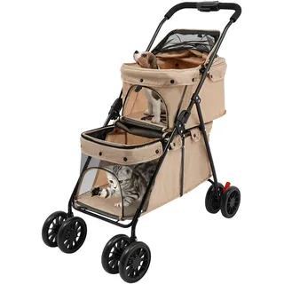 2-Lagiger Haustierwagen für Hunde & Katzen, Faltbarer Doppeldeck-Tierwagen mit Netzfenster, Bremse & Aufbewahrungstasche, Stabiler Carbonstahlrahmen, bis 40kg belastbar 95 * 60cm (Khaki)