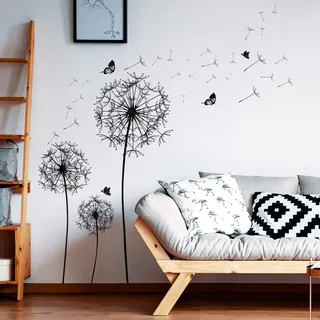 WandSticker4U®- Wandtattoo PUSTEBLUME groß schwarz (135x132 cm) I Wandsticker Blumen Aufkleber Frühling Löwenzahn Blüten Schmetterlinge I Wanddeko Wohnzimmer Schlafzimmer Küche Flur Bad XXL