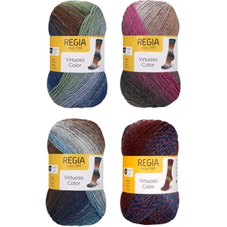 Strumpfwolle - 6fädig- Regia - Colorfarben - Sockenwolle Set 4x150gr Knaul - 375 m Lauflänge pro Knaul - filzfrei und superwash (Regia Set 2)