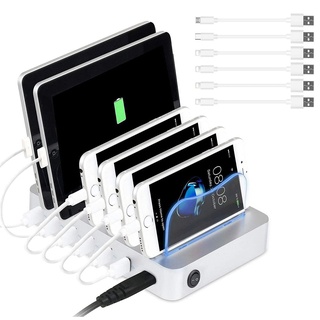 PRITEK USB Ladestation für mehrere Geräte 50W/10A 6 Ports Organizer Ladestation mit kurzen USB Kabeln für Mobiltelefon Tablet Tablet Kopfhörer MP4 und andere USB-fähige Geräte (Silber)