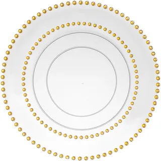 Decorline Premium Mehrweg Plastik Partygeschirr set 20 Teller Beaded-Kollektion, Wiederverwendbares Teller Transparent mit Gold Rand | Set 2 Größen - 10x 26cm + 10x 19cm je 10 Stück - Transparent/Gold