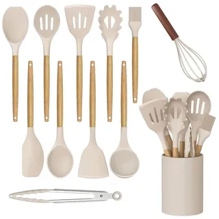 MODFU Kochbesteck-Set 12er Küchenhelfer Set Kochgeschirr Küchenzubehörset (mit Hitzebeständigem Holzgriff und Aufhängeschlaufe, 12-tlg., Küchen Utensil, Silikon und Holz), BPA-frei für Kochen Braten Schöpfen Mischen und Backen usw beige