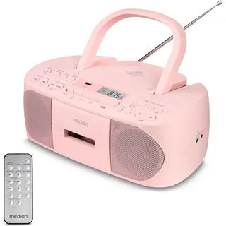 Medion E65010 Stereoradio (CD-Player, Kassette, USB Anschluss, AUX Audioeingang, MP3-Widergabe. UKW PLL Radio,40 Senderspeicher, Batteriebetrieb, Fernbedienung) rosa