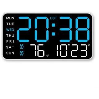 LED Digitale Wanduhr mit Alarm, Temperatur-, Datums- und Wochenanzeige, Sprachaktivierung, Sommerzeit und °F/°C Schalter, USB-betrieben oder batteriebetrieben für Zuhause und Büro (D)