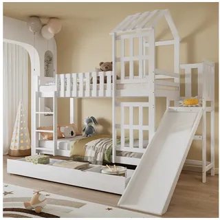 Merax Etagenbett (Kieferholz, 1-St., Hochbett Stockbett Hausbett Jugendbett), Kinderbett 90x200cm mit Schublade Rutsche Dach Fenster Stauraum weiß