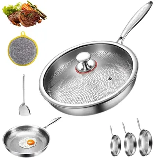 SHIFuXX Titanpfanne, gehämmerte Titanpfanne Pro mit Deckel, 100% Antihaftbeschichtung, gehämmert, Titan-Bratpfanne, gleichmäßiges Erhitzen for Kochen, for Kochen(28cm)