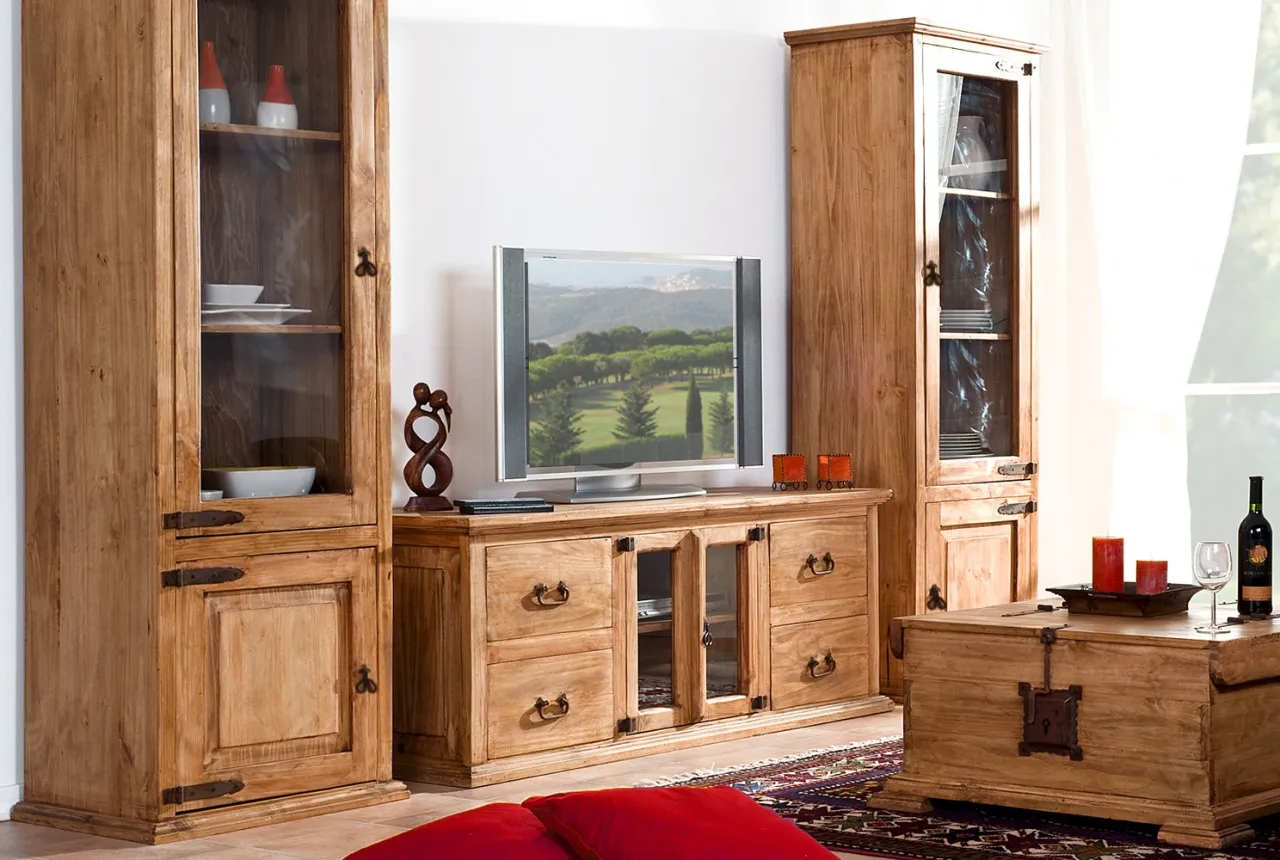 Mexico Hacienda Lowboard TV-Tisch, Pinie massiv, Landhausstil, Cottagecore, Fernsehschrank