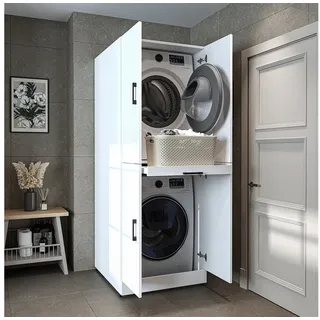 roomart Waschmaschinenschrank Dora für Trockner & Waschmaschine, in 4 Farben, mit Türen & Ausziehbrett (Weiß)