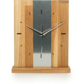Kreative Feder Designer-STANDUHR Silver Stripe aus MASSIVHOLZ 27x20cm – analoge TISCHUHR ohne Tickgeräusche (Funkuhrwerk, Eiche)