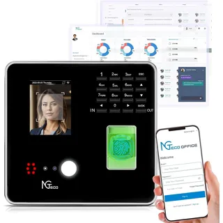 NGTeco Cloud-Zeiterfassung für Kleinbetriebe, 2,4 GHz WLAN Zeiterfassungsgerät mit App iOS/Android, Inkl. 4-in-1 Biometrische Zeiterfassung mit Gesicht, Fingerabdruck, RFID-Karten & PIN