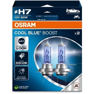 Osram COOL BLUE® BOOST, H7, halogen headlight lamps, up to 5500K, Hanging folding box (2 lamps), offroad use only