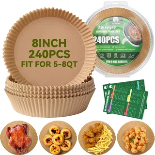 OAMCEG Airfryer Backpapier für Heißluftfritteuse - 240 Stück Rundes Backpapier 20–24cm Einweg Zubehör aus Pergamentpapier - mit Rezepten für Familienküche, Backen, Frittieren, Heißluft-Garen