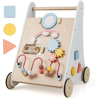 Lauflernhilfe Babywalker Holz Gehfrei Laufwagen mit Spiegel & Bauklötzen
