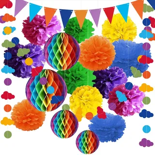 Syoulin-18 Stück Regenbogen Partydekoration Set für Einschulung & schulanfang, Geburtstag | Inkl. Pompons, Wabenbälle, Dreiecksflaggen & Hänge-Deko | Bunte Schulanfangs-Dekoration