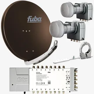 Fuba Sat Anlage 16 Teilnehmer - 2 Satelliten (z.B. Astra/Hotbird) | Satellitenschüssel Komplettset - DAA 850 B Sat-Schüssel 85cm Alu braun + 2x LNB