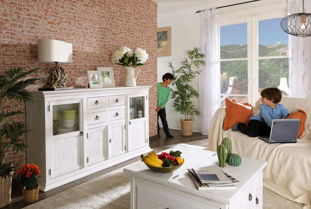 Großes weißes Landhaus Highboard aus Pinie Massivholz