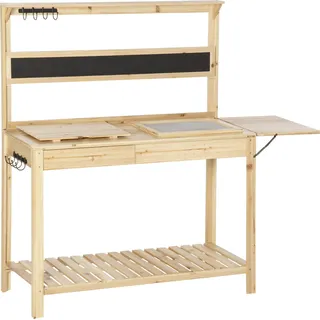 Outsunny Pflanztisch Gärtnertisch mit 8 Haken und Schublade, Holz Blumentisch, natur, 151x45,5x143cm, ideal für Gartenarbeit Aosom.de