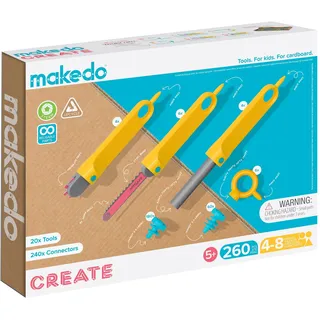 Makedo - Konstruktionsspielzeuge für Pappe, Kinderspiele ab 5, Mint-Lernspielzeug, perfekt für das kreative Spielen zu Hause - 260-teiliger Werkzeugsatz - Create Packung