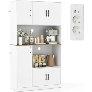 COSTWAY Küchenschrank, Buffetschrank, Hochschrank mit Steckdose, Türen & Arbeitsplatte, Vorratsschrank, Aufbewahrungsschrank, 100x40x180cm, Weiß - Weiß
