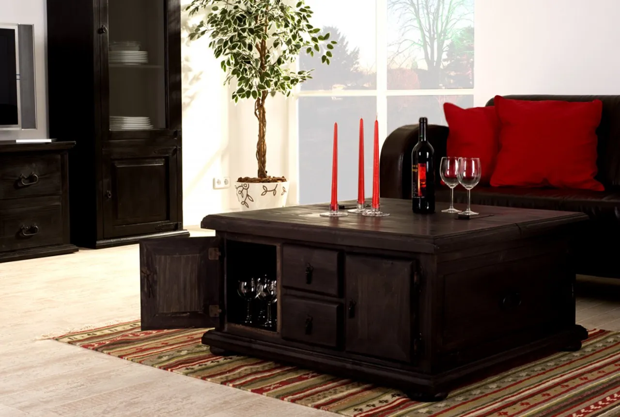 Kolonialstil Truhentisch Couchtischtruhe MEXICO KOLONIAL, schwarz-braun lackiert, Massivholz