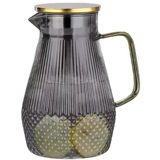 LoveFirst Glas Krug karaffe mit Edelstahl Deckel 1.55Liter, Wasserkaraffe aus Borosilikatglas, Heiße und kalte Glas Karaffe mit Griffen, Glaskrug für Milch,Wein,Fruchtsaft,Kaffee,Getränke,Rauchgrau