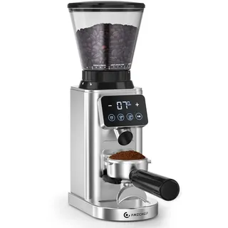 AMZCHEF Kaffeemühle Elektrisch mit Abnehmbarem Halter für Siebträger und Behälter, Kaffeemühle Siebträger Elektrisch mit 24 Mahlgrad Einstellbar - Silber