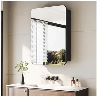 Hopibath Spiegelschrank klein Alu Badezimmerspiegelschrank Schwarz Hängeschrank Wandschrank (Eckig Rechteckig 40x60cm, Glasböden, Doppelseitiger Spiegel) mit Softclose-Scharnieren schwarz