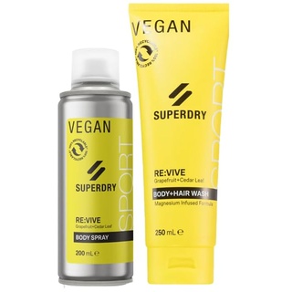 FVLFIL 3tlg. Set: 1x200ml Superdry Sport Funky Neon Gelb RE:Vive Männer Deospray Deodorant Body Spray & 1x250ml Sport RE:Vive 2in1 Duschgel & Shampoo + Dustbag in Grau von Studio.MUNET