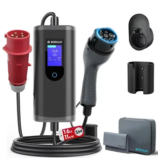 bokman Typ 2 Ladekabel mit CEE Stecker, 5 Meter | 6-16A | 11kW | 3-Phasig | IP65 Wasserdicht, Tragbares EV-Ladegerät und Mobile Wallbox Ladestation für IEC 62196-2 mit Tragetasche & Mikrofaserhandtuch