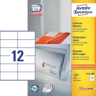 2.400 AVERY Zweckform Etiketten 3424-200 / weiß / matt / 105,0 x 48,0 mm