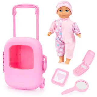Bayer Design 92805AC Puppe mit Trolley und Zubehör, Spielset, Puppenzubehör, Koffer zum Schließen und Ziehen